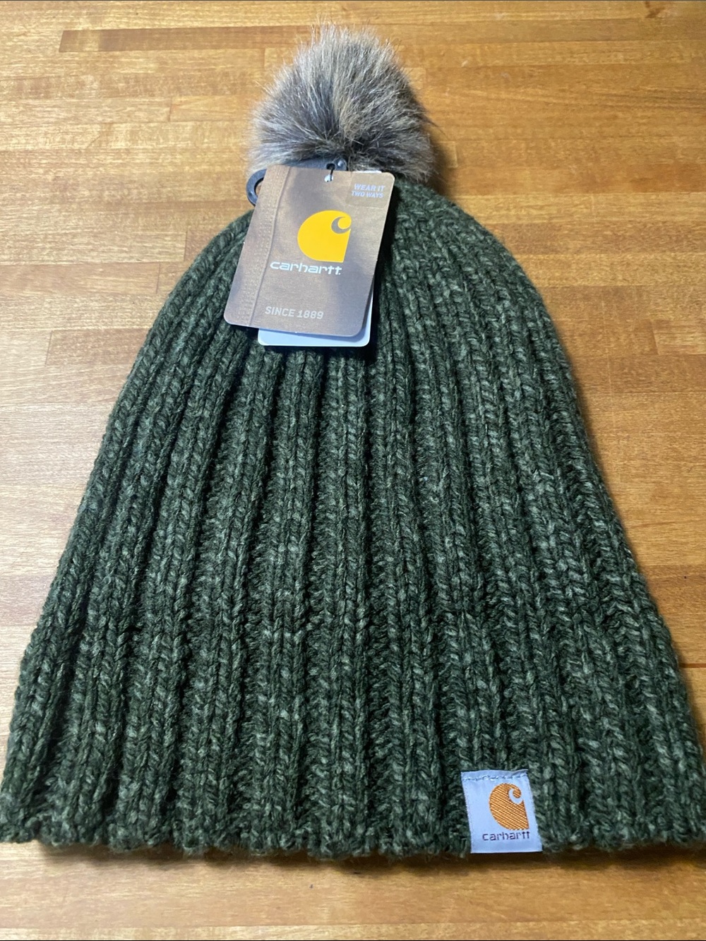Carhartt Dark Green Knit Beanie with Faux Fur Pom
